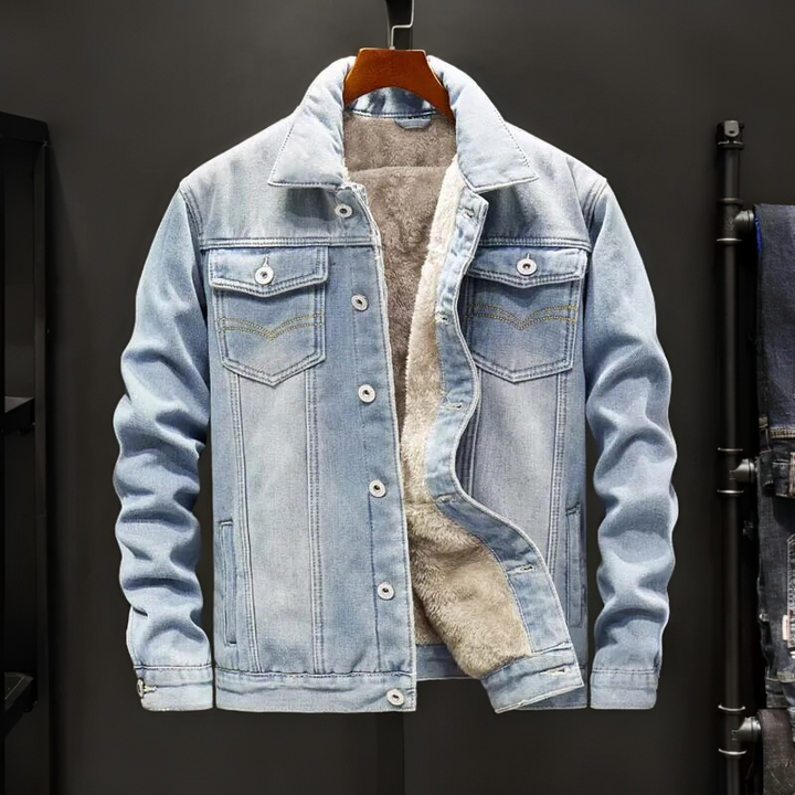 Men's Fleece-Lined Denim Jacket with Multiple Interior Pockets