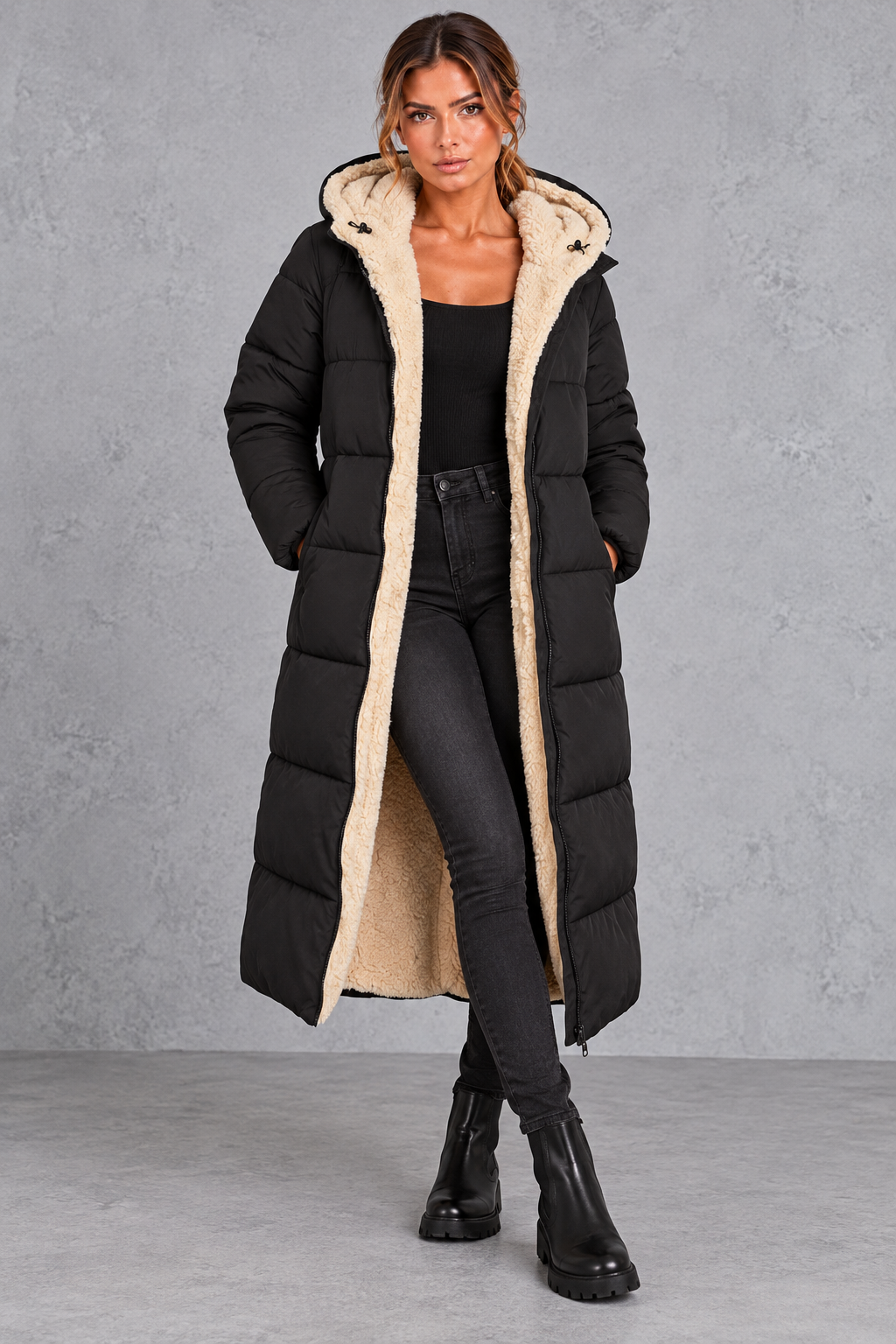 Women's Sherpa-Lined Longline Puffer Coat with Hood
