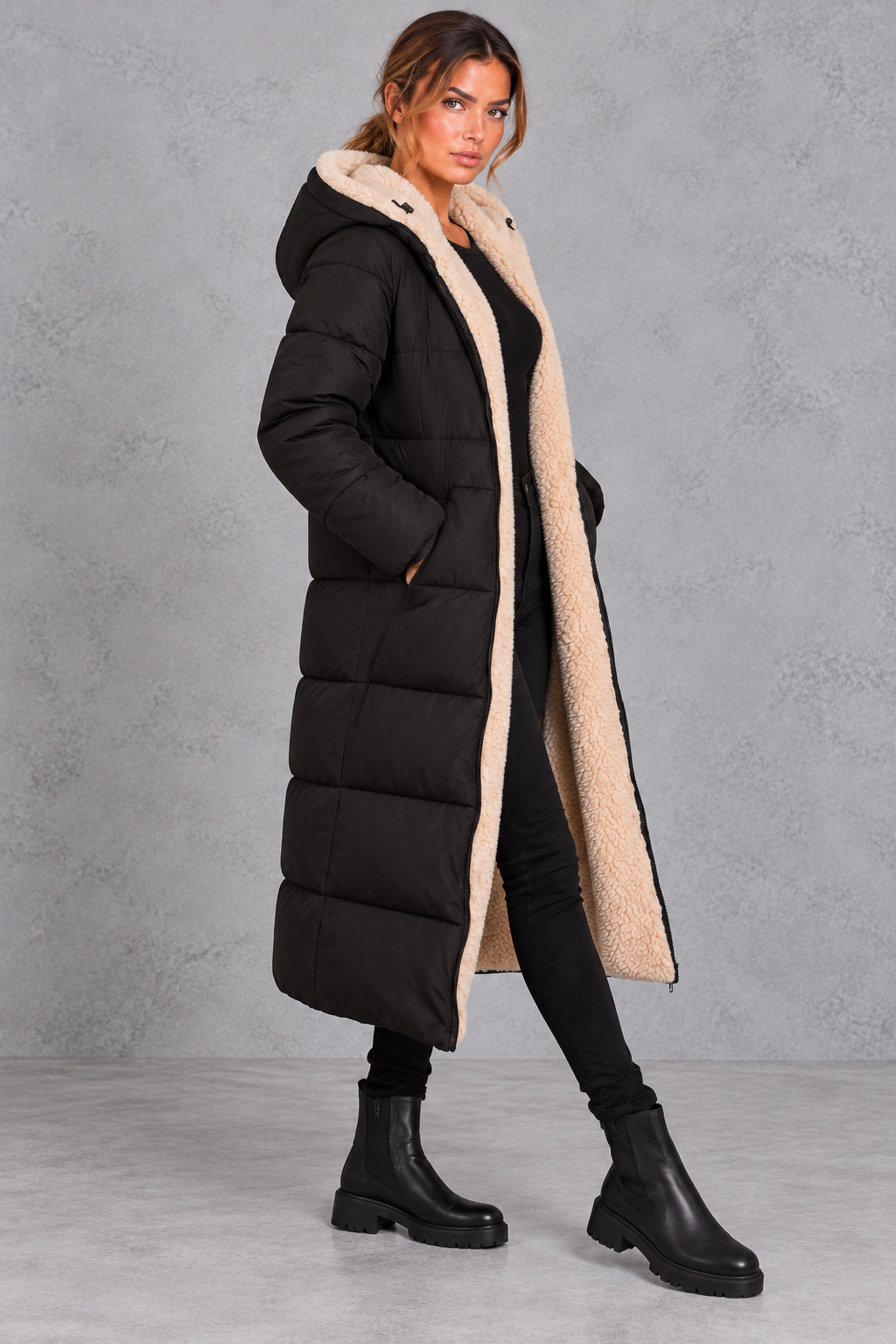 Women's Sherpa-Lined Longline Puffer Coat with Hood