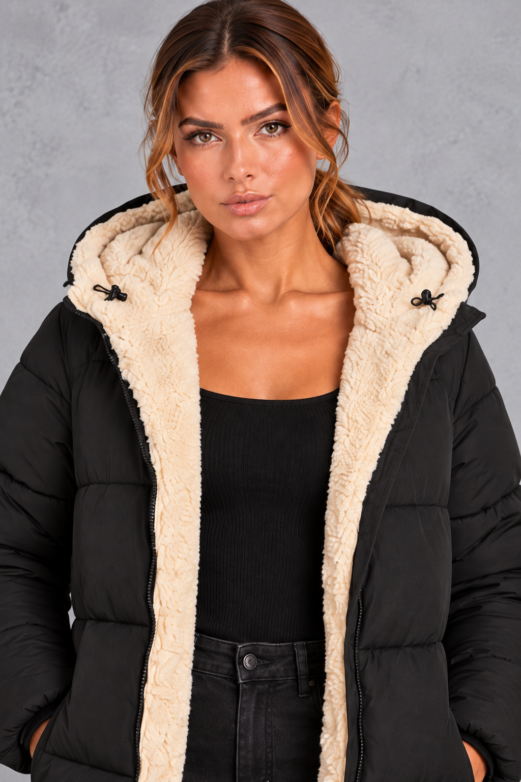 Women's Sherpa-Lined Longline Puffer Coat with Hood