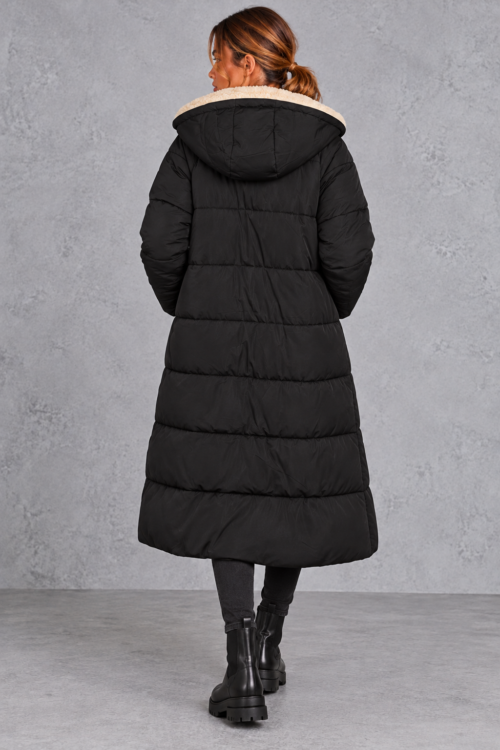 Women's Sherpa-Lined Longline Puffer Coat with Hood