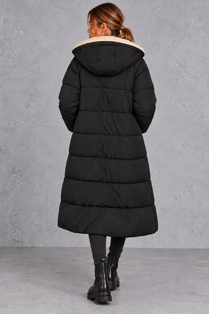 Women's Sherpa-Lined Longline Puffer Coat with Hood
