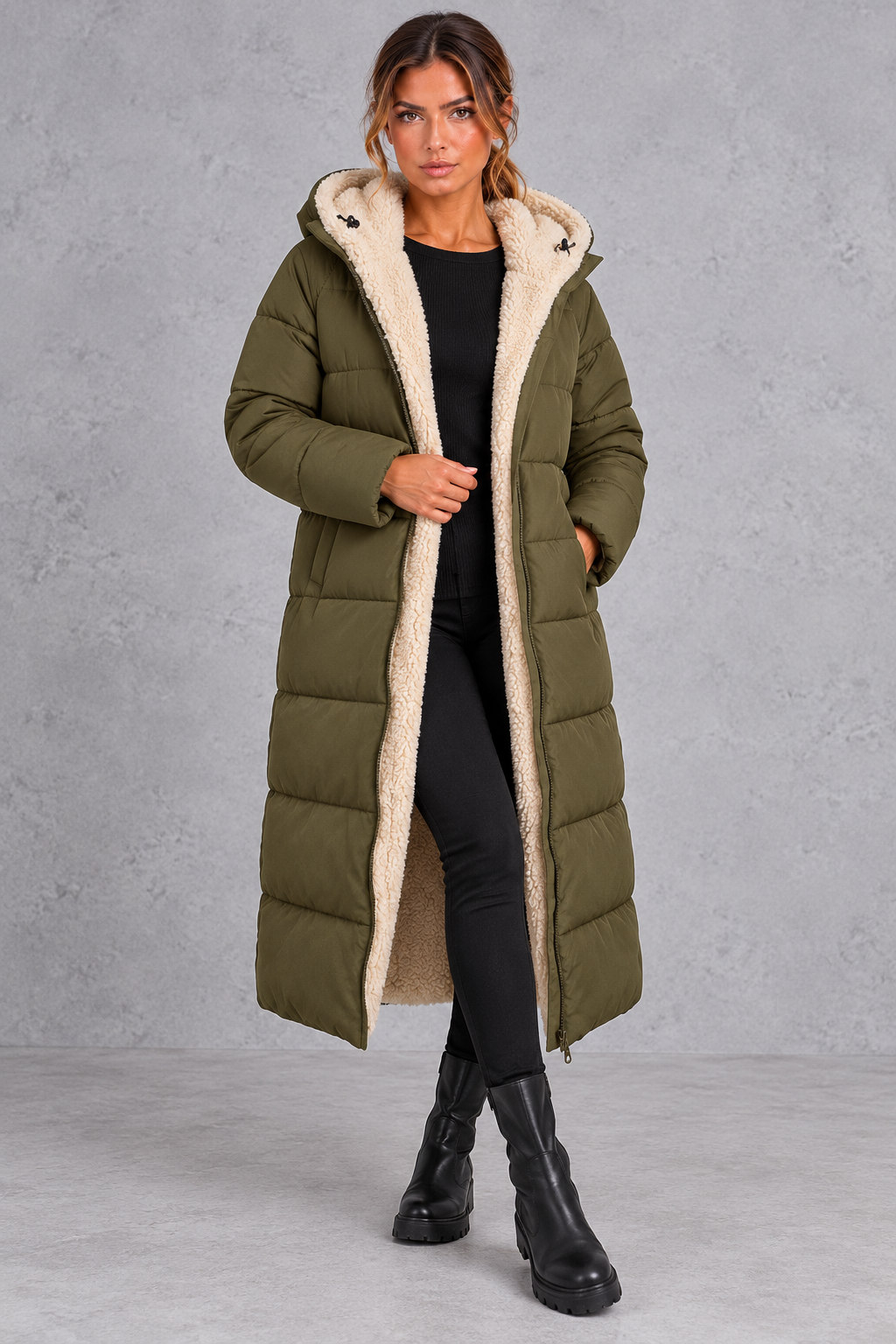 Women's Sherpa-Lined Longline Puffer Coat with Hood