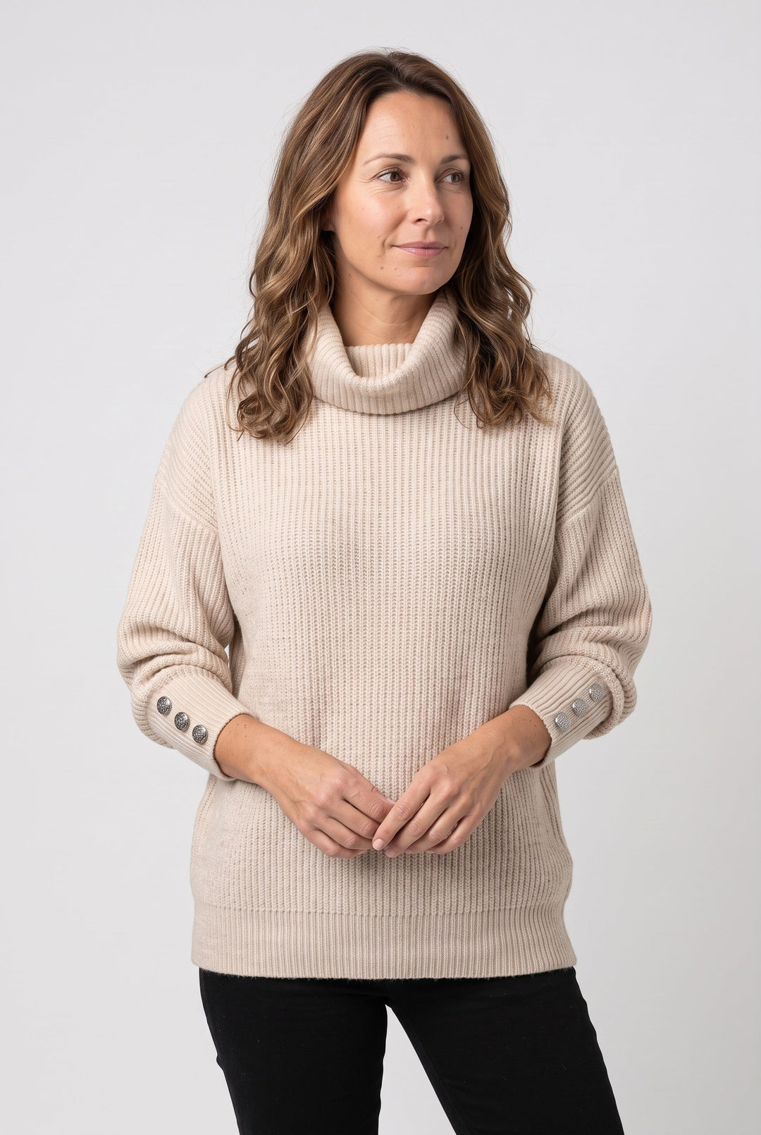Women's Ribbed Knit Roll Neck Jumper with Buttoned Cuffs