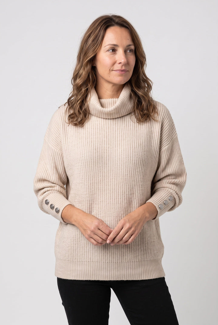 Women's Ribbed Knit Roll Neck Jumper with Buttoned Cuffs