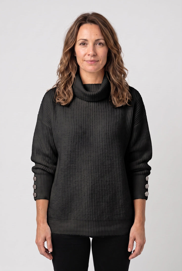 Women's Ribbed Knit Roll Neck Jumper with Buttoned Cuffs