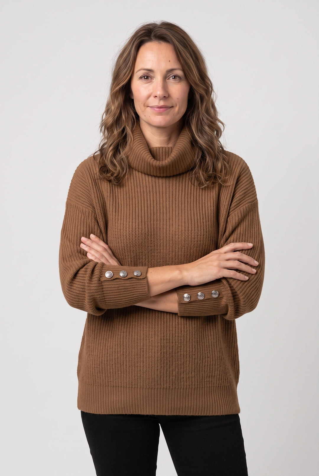 Women's Ribbed Knit Roll Neck Jumper with Buttoned Cuffs