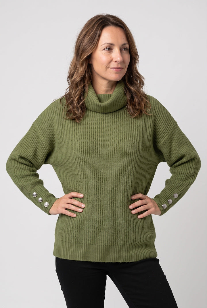 Women's Ribbed Knit Roll Neck Jumper with Buttoned Cuffs