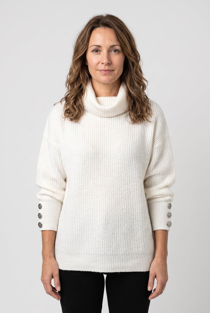 Women's Ribbed Knit Roll Neck Jumper with Buttoned Cuffs