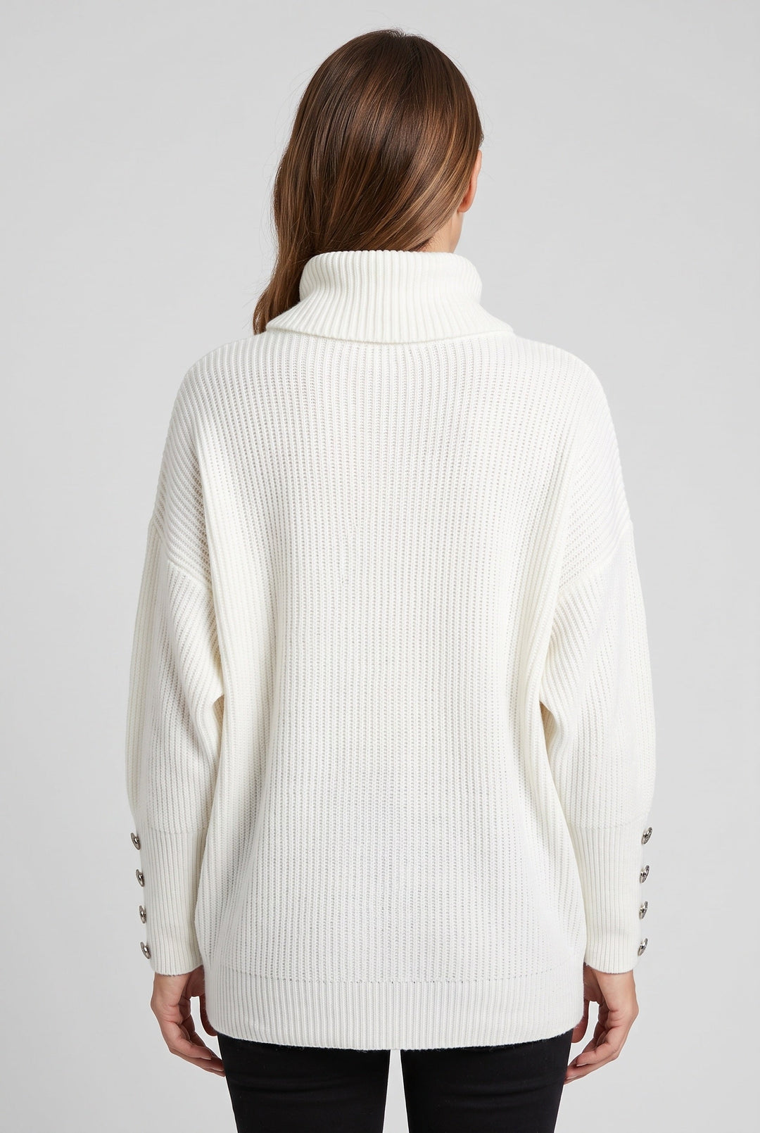 Women's Ribbed Knit Roll Neck Jumper with Buttoned Cuffs