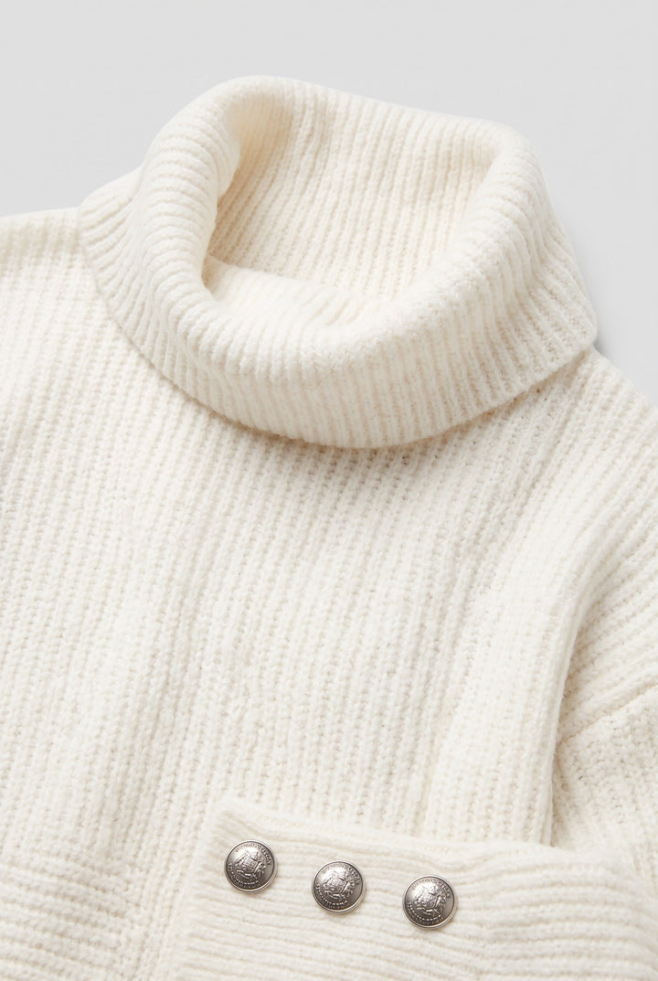 Women's Ribbed Knit Roll Neck Jumper with Buttoned Cuffs