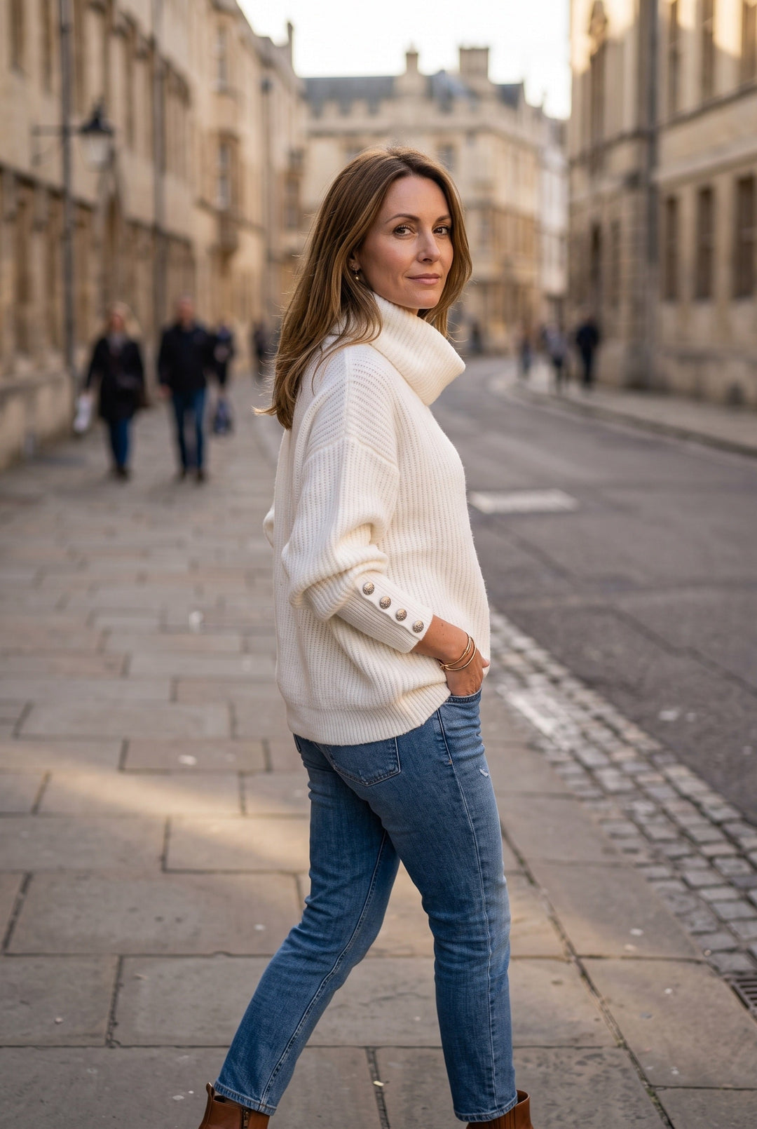 Women's Ribbed Knit Roll Neck Jumper with Buttoned Cuffs