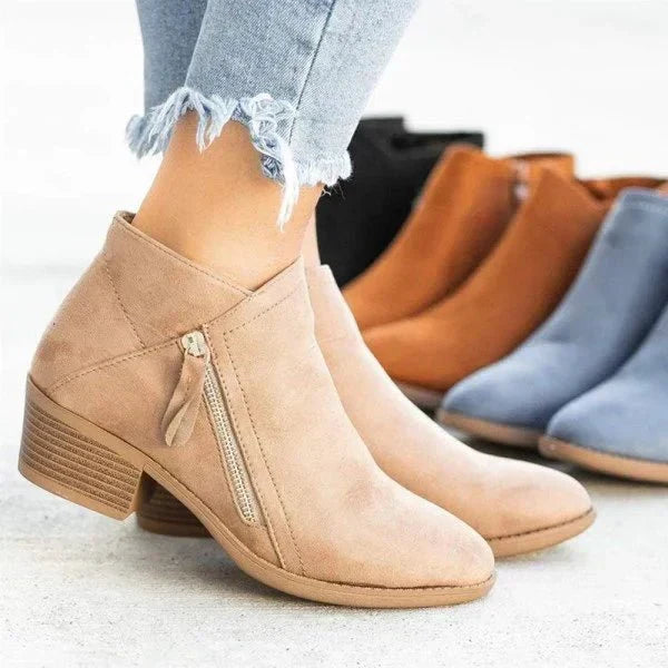 Women's Suede Side Zip Ankle Boots with Block Heel