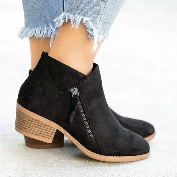 Women's Suede Side Zip Ankle Boots with Block Heel