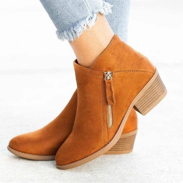 Women's Suede Side Zip Ankle Boots with Block Heel