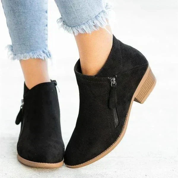 Women's Suede Side Zip Ankle Boots with Block Heel