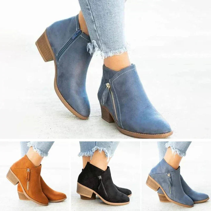 Women's Suede Side Zip Ankle Boots with Block Heel