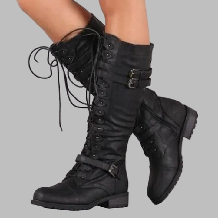 Women's Knee-High Lace-Up Combat Boots with Buckle Straps