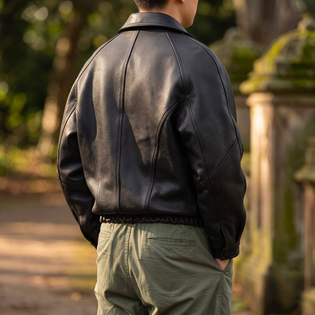 Men's Leather Zip Jacket with Structured Collar