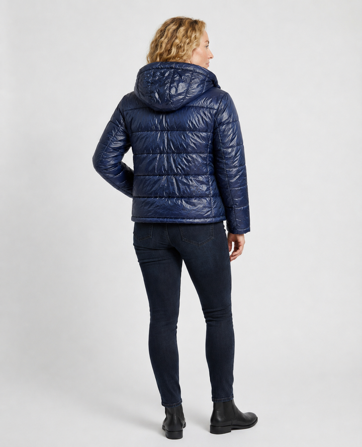 Women's Glossy Puffer Jacket with Hood in Oversized Fit