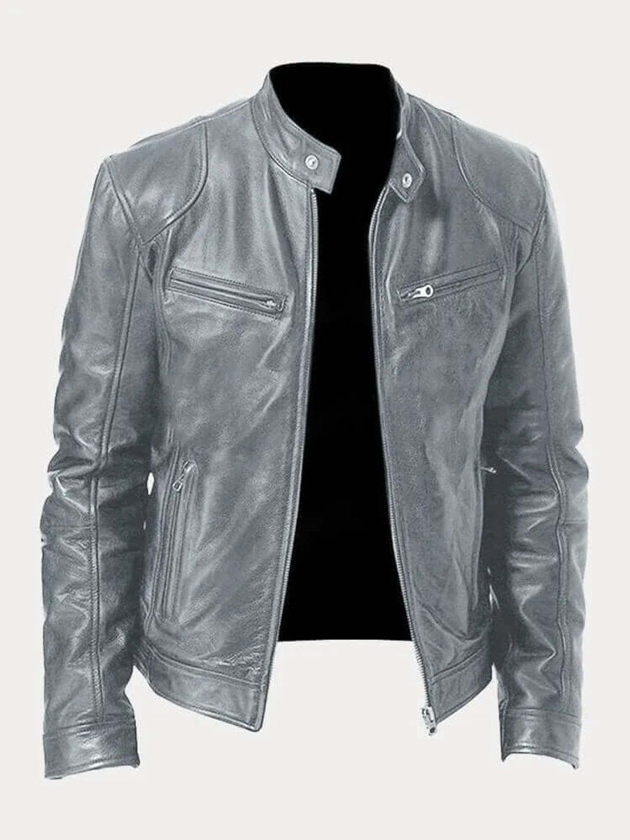 Men's Biker Jacket with Stand Collar and Zip Pockets
