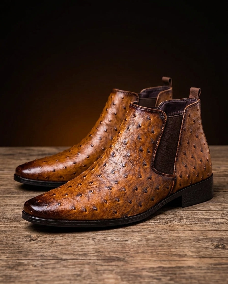 Men's Ostrich Embossed Chelsea Boots with Cushioned Insole