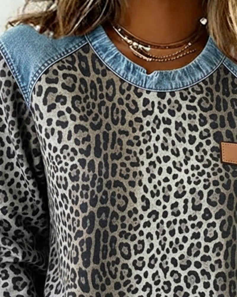 Women's Leopard Print Crew Neck Sweater with Denim Panels