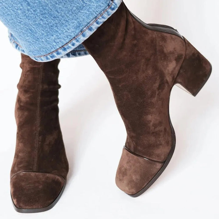 Women's Suede Block Heel Ankle Boots with Square Toe
