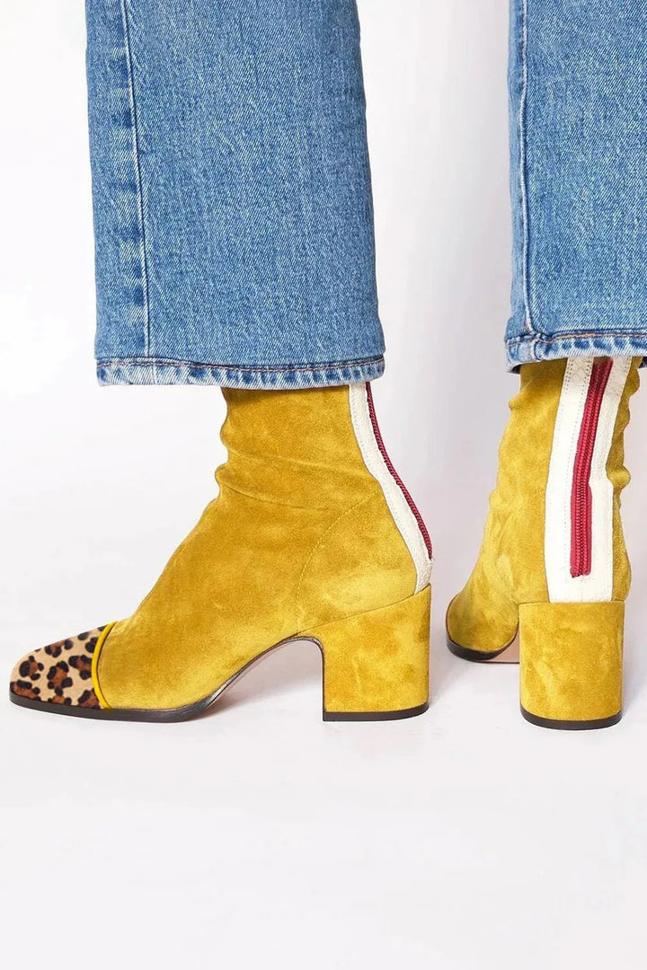 Women's Suede Block Heel Ankle Boots with Square Toe