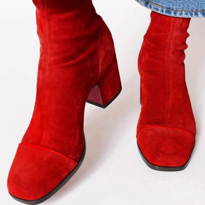 Women's Suede Block Heel Ankle Boots with Square Toe