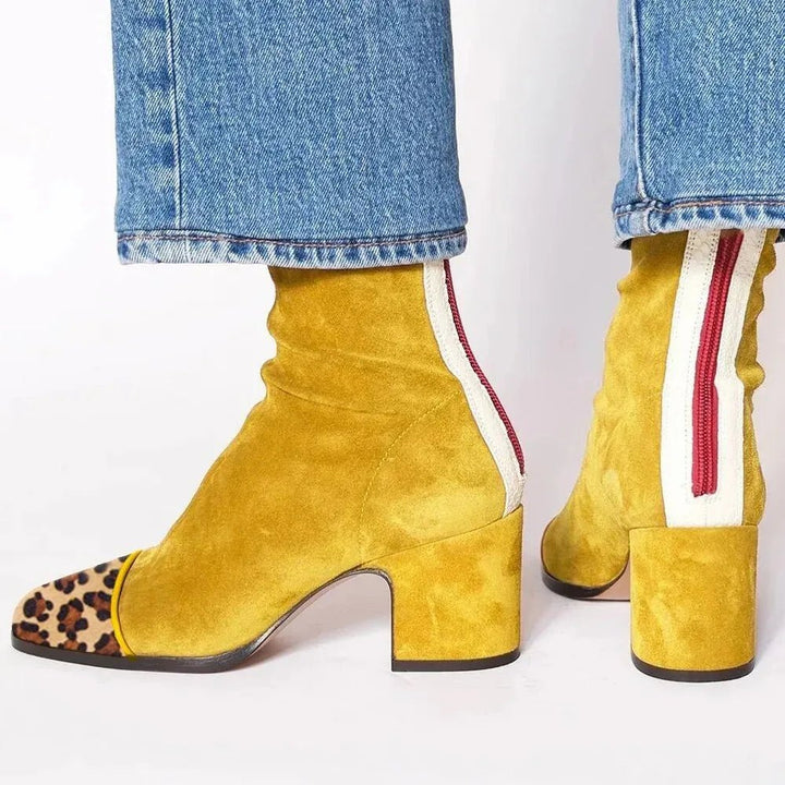 Women's Suede Block Heel Ankle Boots with Square Toe