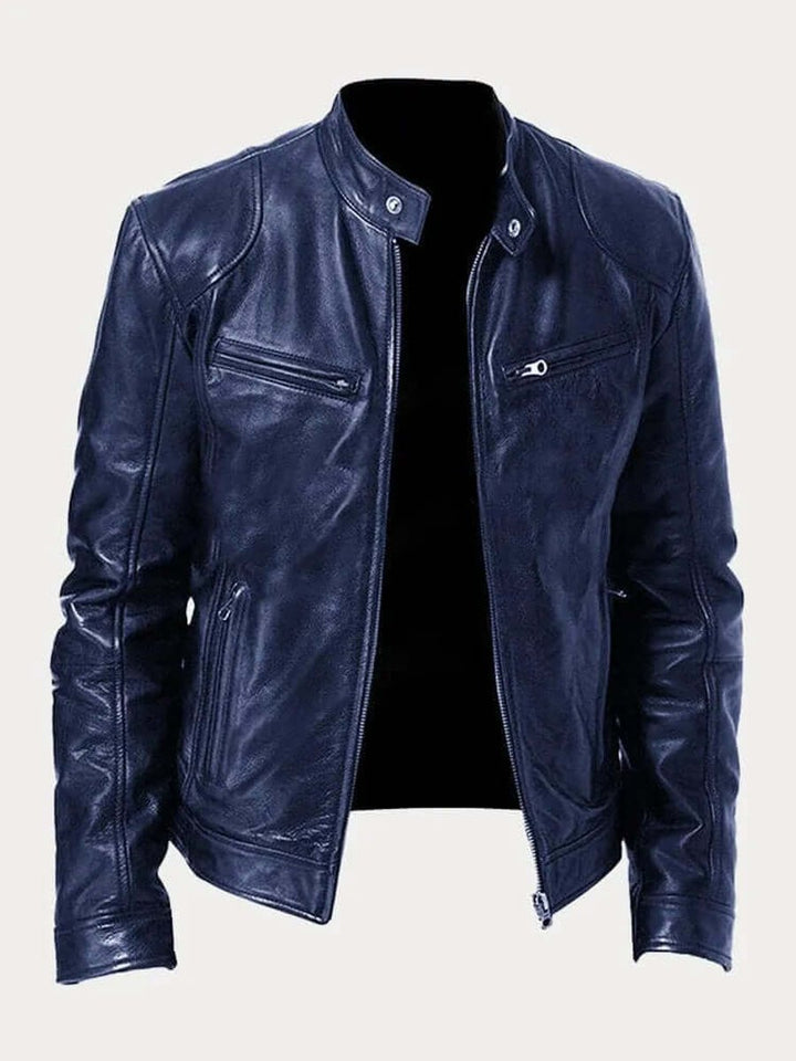Men's Biker Jacket with Stand Collar and Zip Pockets
