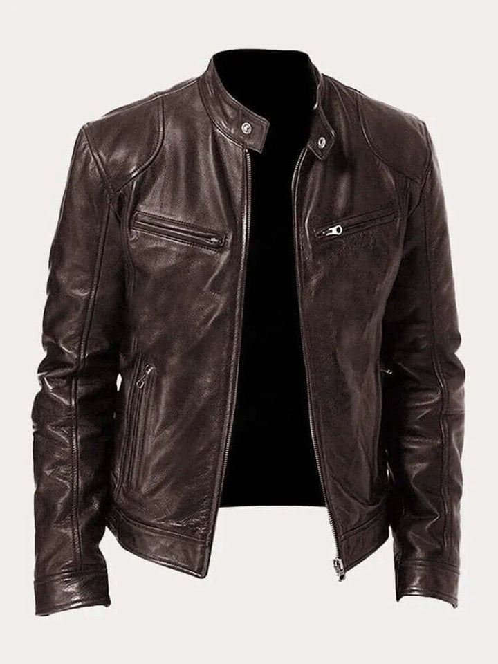 Men's Biker Jacket with Stand Collar and Zip Pockets
