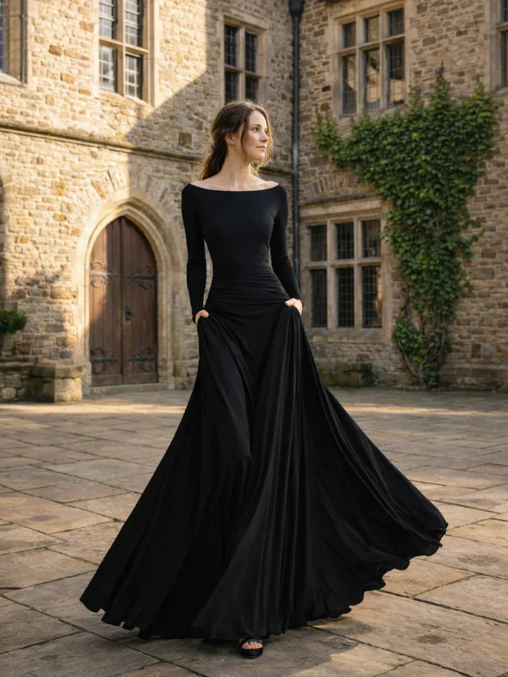 Women's Boat Neck Maxi Dress with Waist Draping