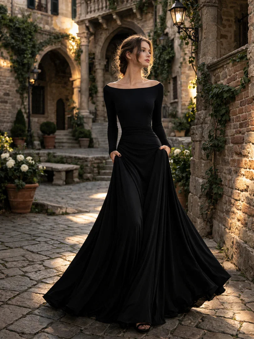 Women's Boat Neck Maxi Dress with Waist Draping