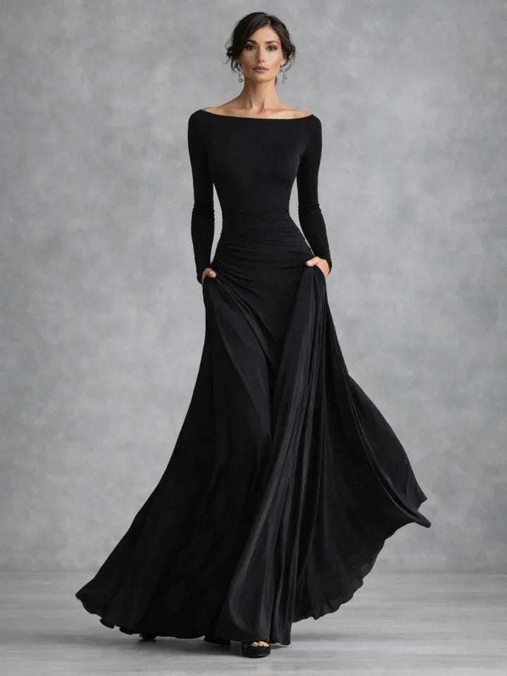 Women's Boat Neck Maxi Dress with Waist Draping