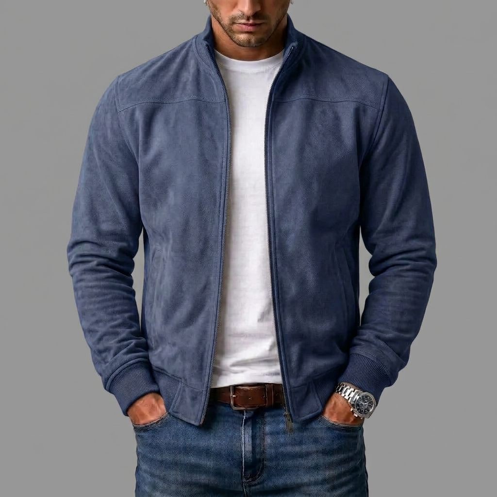 Men's Suede Bomber Jacket with Ribbed Cuffs