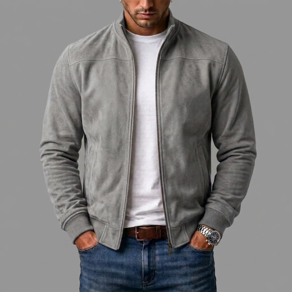 Men's Suede Bomber Jacket with Ribbed Cuffs