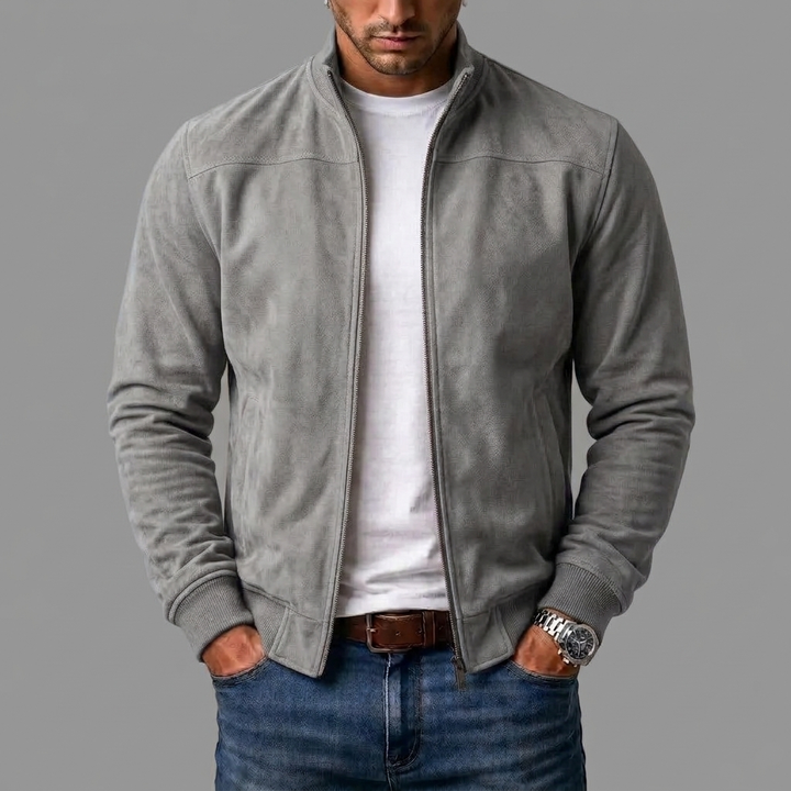 Men's Suede Bomber Jacket with Ribbed Cuffs