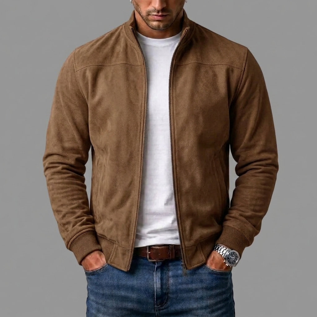 Men's Suede Bomber Jacket with Ribbed Cuffs