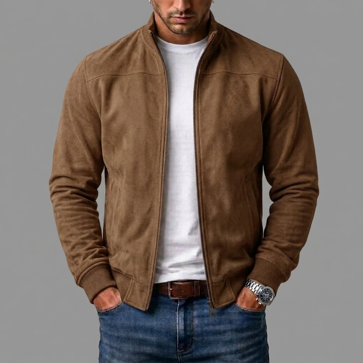 Men's Suede Bomber Jacket with Ribbed Cuffs