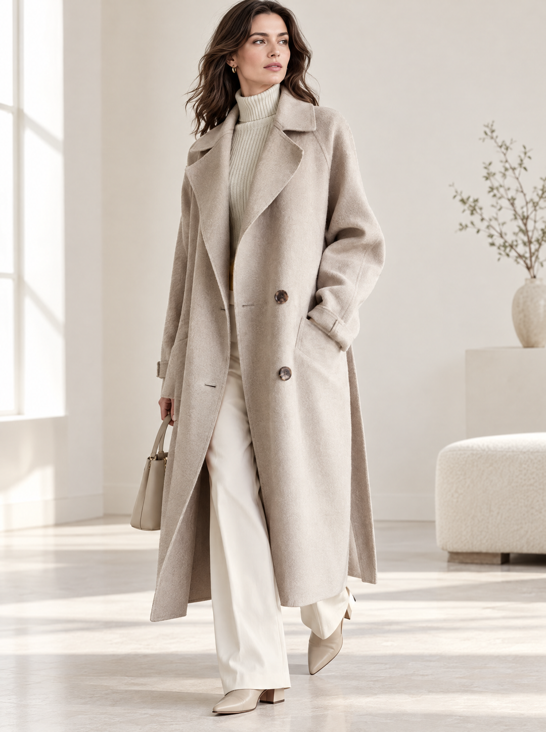 Women's Wool Long Coat with Double-Breasted Closure