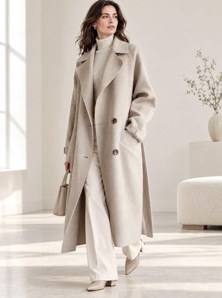 Women's Wool Long Coat with Double-Breasted Closure