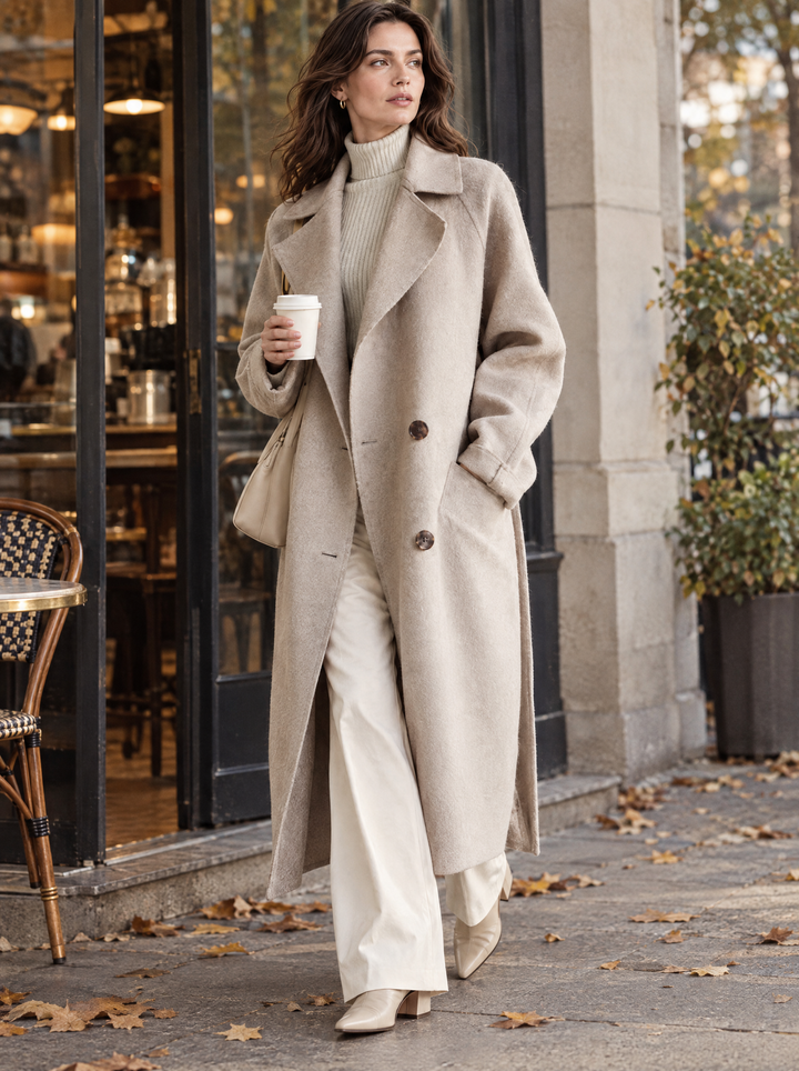 Women's Wool Long Coat with Double-Breasted Closure