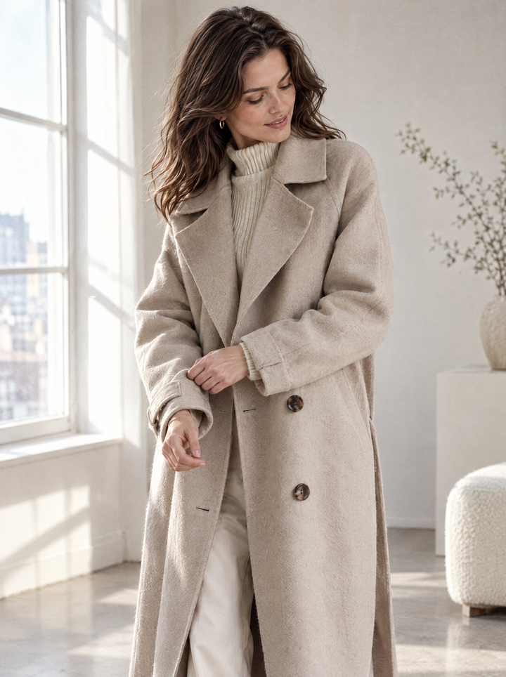 Women's Wool Long Coat with Double-Breasted Closure