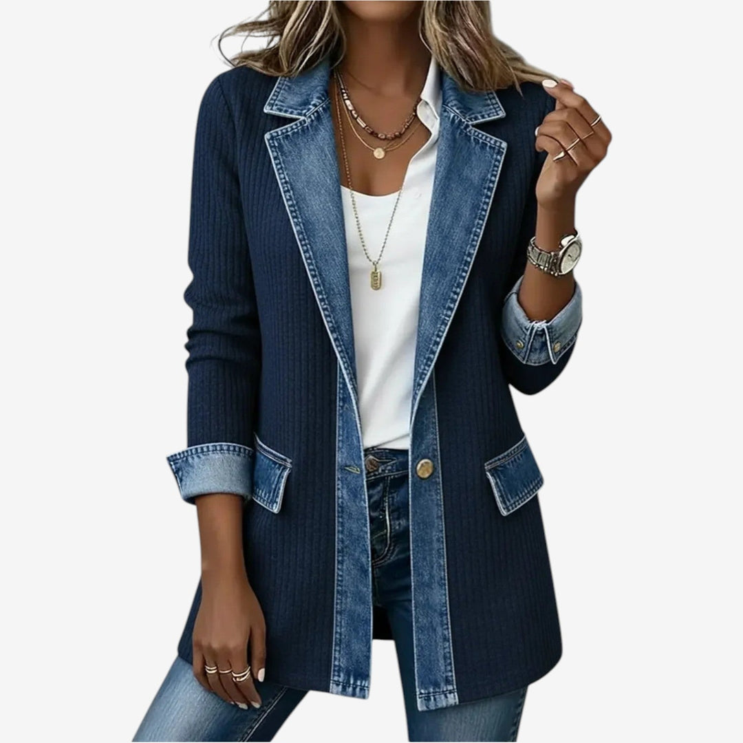 Women's Knit Jacket with Denim Contrast Collar