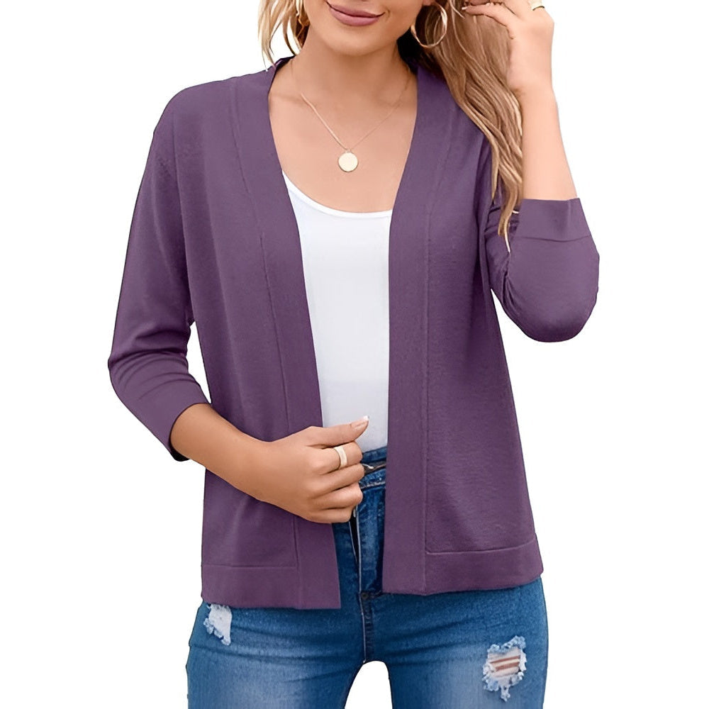 Women's Cropped Cardigan with 3/4 Sleeves and Open Front