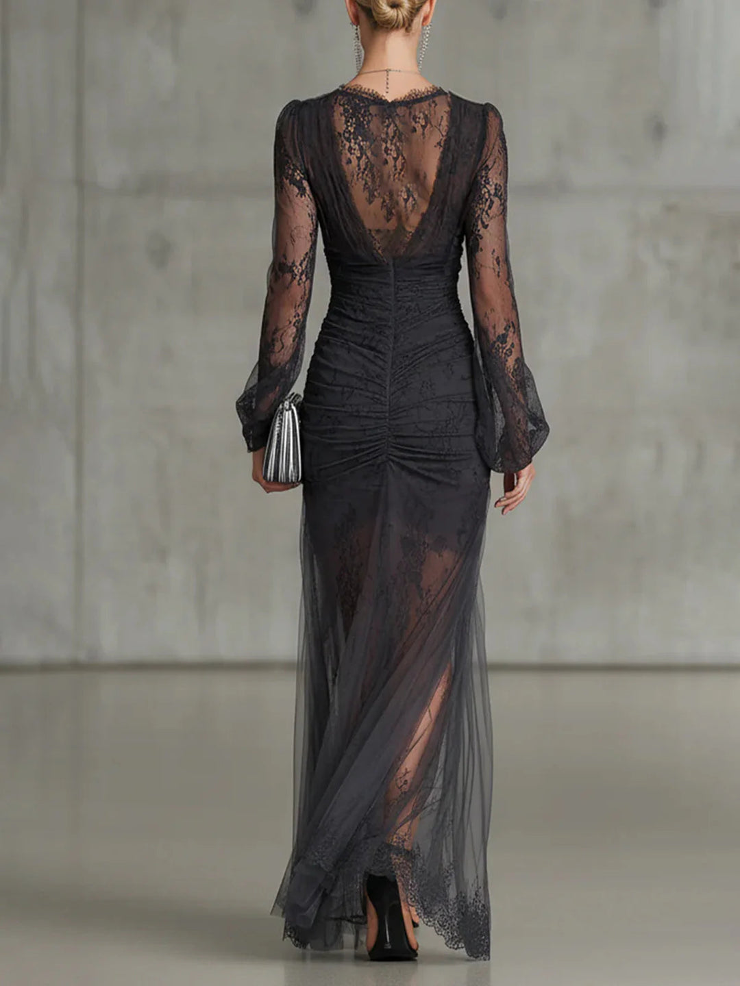 Women's Lace Maxi Dress with Deep V-Neck and Side Slit