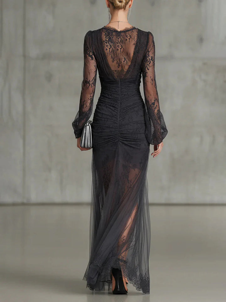 Women's Lace Maxi Dress with Deep V-Neck and Side Slit