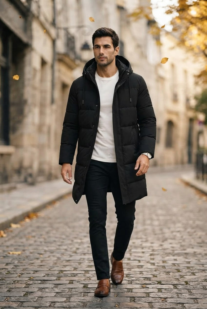 Men's Water-Resistant Longline Puffer Jacket with Hood